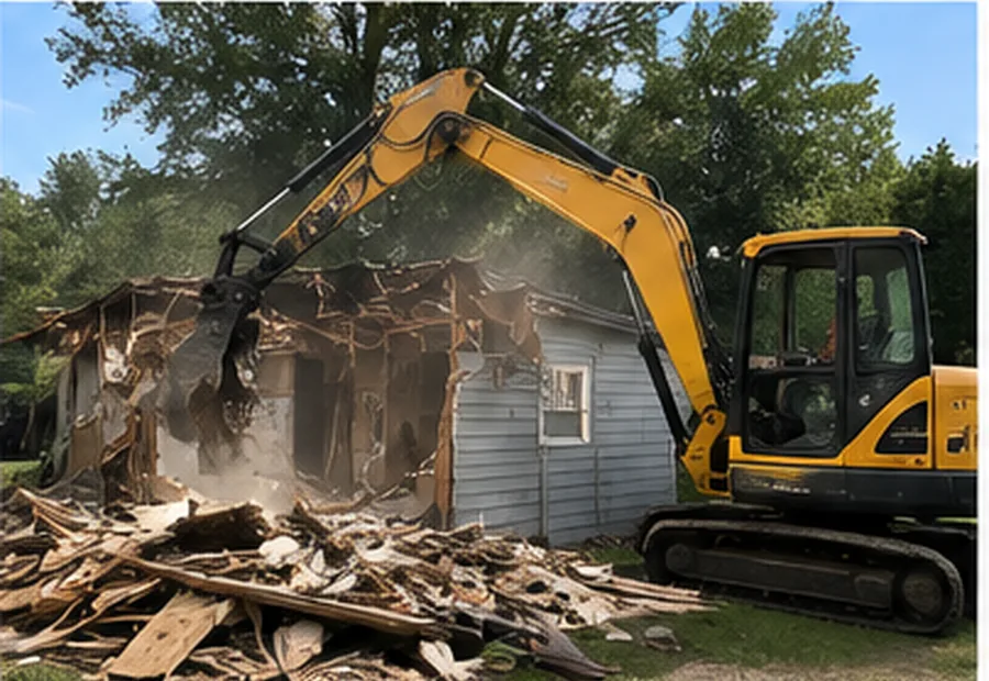 Excavator performing demolition work